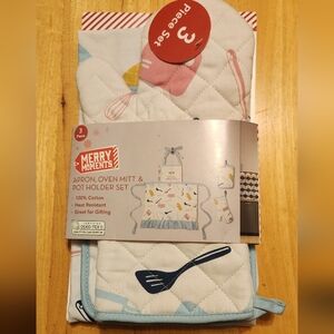 New 3 Piece Set Apron Mitt Oven Mit Kitchen Set Holiday Theme